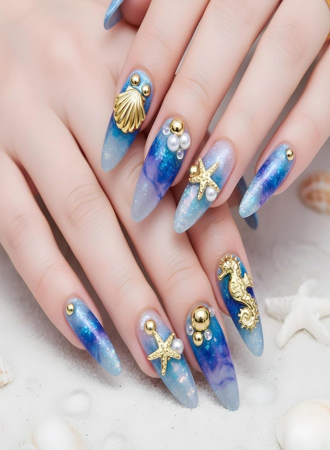 Ajcotahm Beach Nail Charms Gold Seashell 3D Nail Art Decorations with Starfish, Seahorse Alloy Rhinestones for Summer Manicure DIY Designs - Image 4